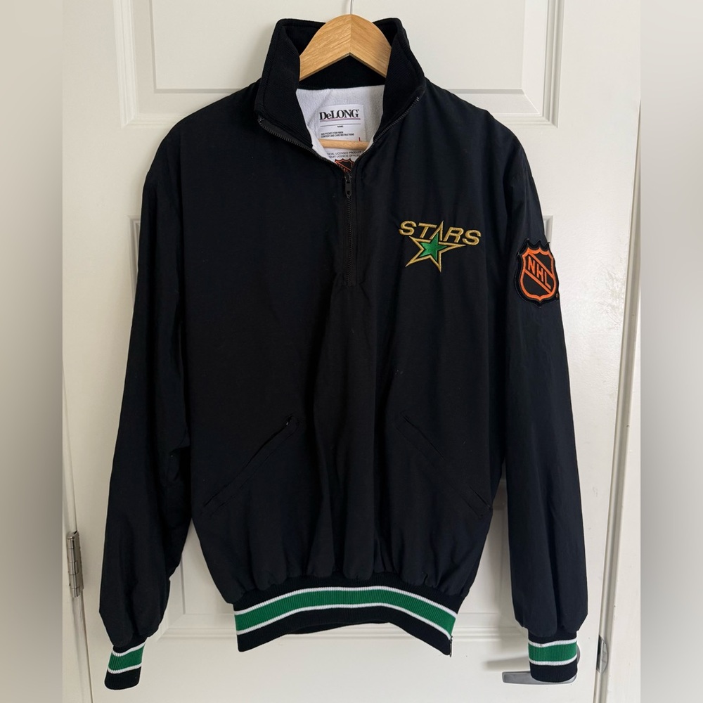 VTG Dallas Stars Jacket NHL Men's Size L Black Green Nylon Lined 1/4 Zip DeLong